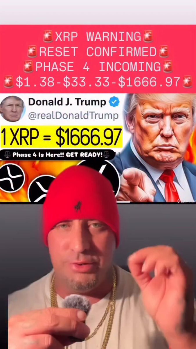 The image features a man wearing a red hat standing next to a poster with the text "XRP = $166667.97" written at the bottom, along with Donald Trump's face and a photo of him in front of a podium. The content on this post is related to President Trump announcing that he will be resetting Bitcoin prices. The man wearing the red hat is likely providing information or commentary about this event as it relates to Bitcoin.