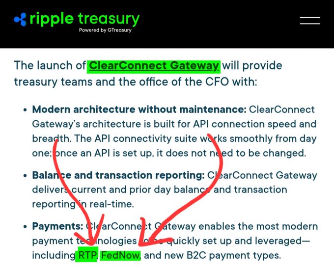 The image shows a webpage from Ripple Treasury (powered by GTreasury) announcing the launch of ClearConnect Gateway, highlighting its modern API architecture, real-time balance and transaction reporting, and support for modern payment technologies including RTP and FedNow. The text "ClearConnect Gateway," "RTP," and "FedNow" are highlighted in green, with red arrows drawn to emphasize the gateway's ability to enable both instant payment networks—directly illustrating the post's message about ClearConnect Gateway serving as a one-stop API for FedNow and RTP instant payments.