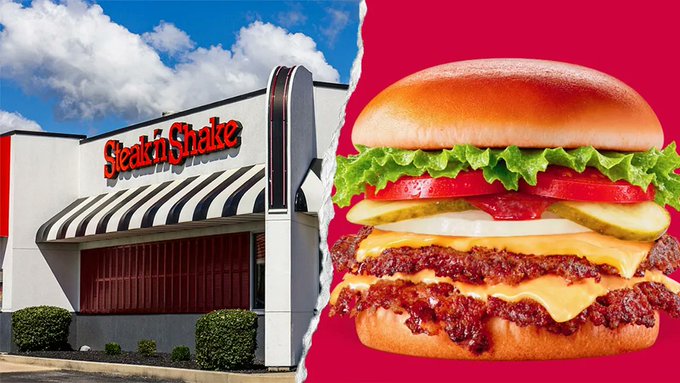 The image shows a Steak 'n Shake restaurant storefront with its distinctive red logo and striped awning on the left, juxtaposed against a close-up of a double cheeseburger with lettuce, tomato, and pickles on a red background. The split composition visually ties the chain's classic American identity to its menu, reinforcing the context of Steak 'n Shake's statement regarding Blake coin.