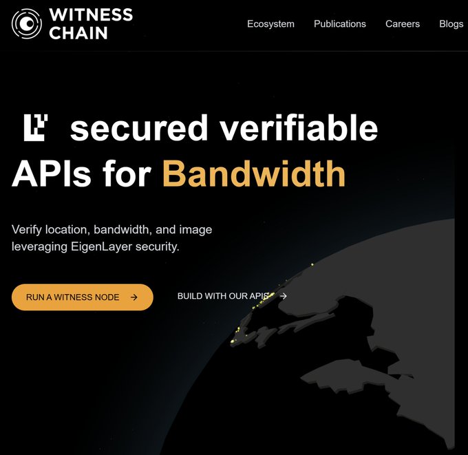 A website screenshot for Witness Chain advertising 'secured verifiable APIs for Bandwidth,' enabling verification of location, bandwidth, and image using EigenLayer security.