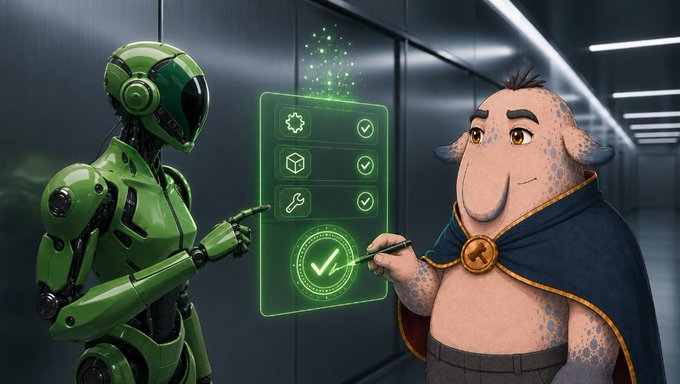A green humanoid robot and a horned character with a cape interact with a glowing holographic checklist, with the character marking a final checkmark.