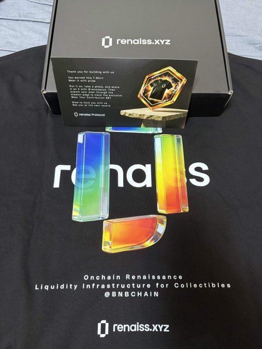 A RENAISS T-shirt from @renaiss.xyz, branded with "Onchain Renaissance - Liquidity Infrastructure for Collectibles @BNBCHAIN," is displayed alongside an unboxing of a RENAISS T-shirt with an accompanying welcome card thanking the recipient for "wearing this T-Shirt since it was mine," along with vibrant rainbow-colored acrylic pieces.