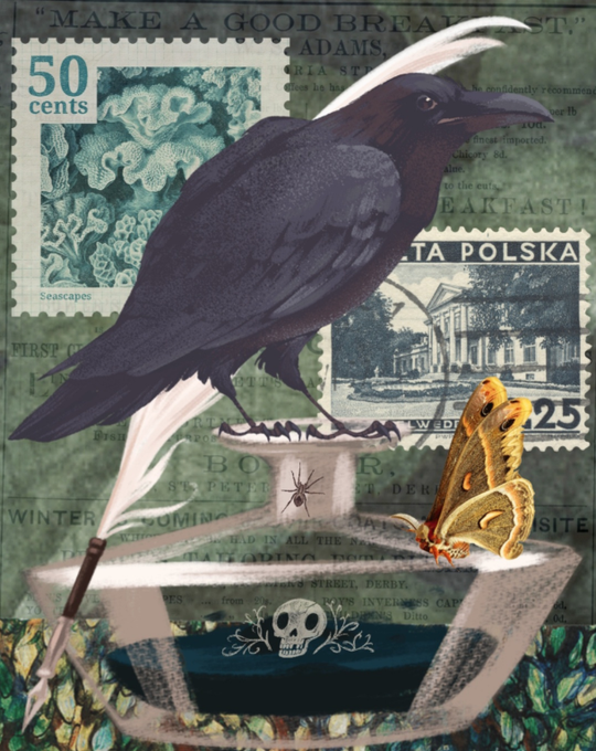 A mixed-media collage artwork featuring a black raven with a white feather plume perched on an hourglass containing a skull design, with a yellow moth on the sand, set against a background of vintage postage stamps including a 50-cent stamp and a Polish stamp marked 'POCZTA POLSKA'.