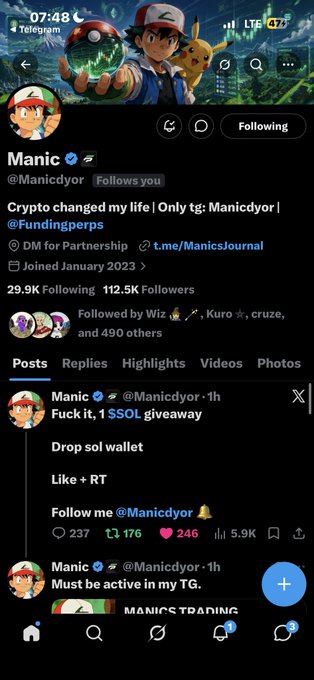 A Twitter/X profile screenshot for 'Manic' (@Manicdyor), a crypto influencer featuring Ash Ketchum and Pikachu in the banner, with posts announcing an '$SOL giveaway' and wallet drops.
