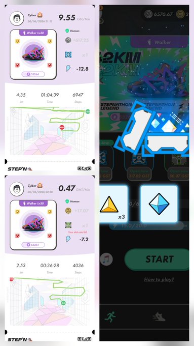 Screenshots from the STEPN move-to-earn fitness app showing user stats including 9.55 GST/Min and 0.47 GST/Min earnings with sneaker details.