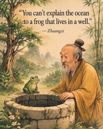 An illustration shows a wise man in traditional robes leaning over a stone well, speaking with a green frog perched on the edge, accompanied by the quote: "You can't explain the ocean to a frog that lives in a well." — Zhuangzi.