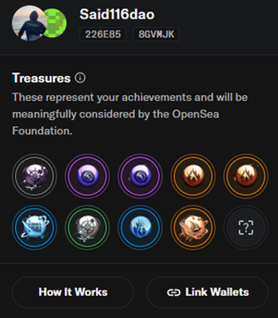 A screenshot of the OpenSea "Treasures" profile for user Said116dao (showing "226E85" and "8GVMJK" beneath the name) displays a collection of 10 achievement badges across two rows, substantiating the post's claim that the user has actively accumulated the platform's trading achievements that could qualify them for the promised airdrop.