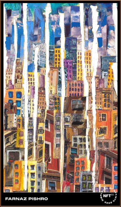 A vibrant, torn-paper style collage depicts a colorful cityscape of stacked buildings, with the text "FARNAZ PISHRO" displayed in a black banner at the bottom alongside an "NFT NYC 2022" logo. The artwork's dynamic, layered urban aesthetic aligns with the Times Square-themed art challenge, showcasing Farnaz Pishro's piece as a limited edition NFT collectible.