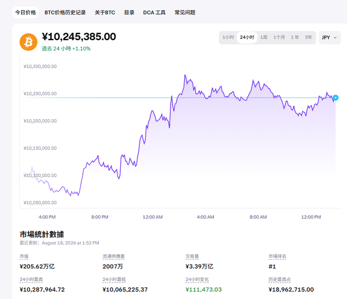 A BTC price chart showing ¥10,245,385.00 (1.10% gain in the past 24 hours) with market cap of ¥205.62 trillion and 24-hour high of ¥10,287,964.72, contextualizing the post's discussion of recent ETF outflows as the price sits below its recent peak.