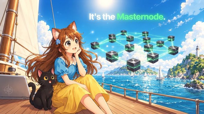 An anime-style illustration featuring a cat-eared girl and a black cat on a boat deck, with text 'It's the Masternode.' and a visualization of a blockchain network above the sea.