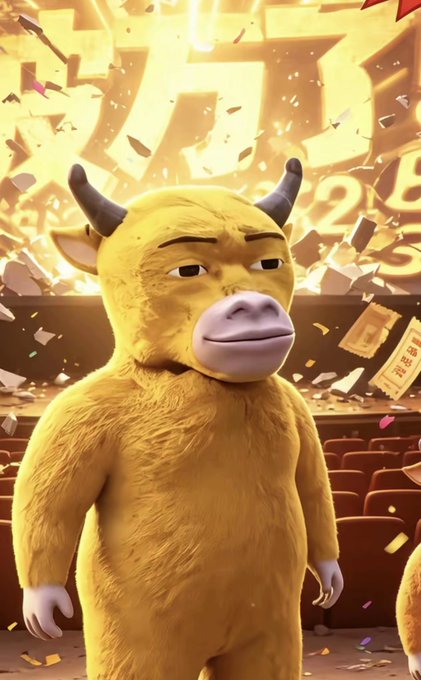 A yellow cartoon bull mascot stands on a stage amid falling gold confetti, symbolizing a bullish breakout milestone. Behind the character, large golden Chinese characters spell "牛来" (Niulái, meaning "the bull comes") alongside the number "5," visually celebrating the project's breakthrough to 5M.
