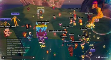 A screenshot of a virtual world or game showing numerous colorful character avatars with usernames like deviddo_dave, BABYMAT, Wook, Clutch, PoorMan, and TayinNE floating in a digital environment.
