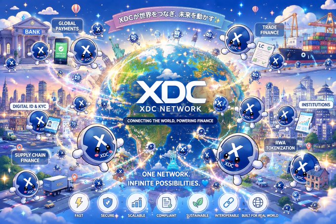 A vibrant promotional graphic for the XDC Network centers on a glowing globe encircled by the tagline "Connecting the World, Powering Finance" and "One Network, Infinite Possibilities," highlighting use cases like Global Payments, Trade Finance, Digital ID & KYC, Supply Chain Finance, and RWA Tokenization, with icons emphasizing speed, security, and compliance. The image visually supports the post's argument that XDC offers notable growth potential, showcasing its expanding real-world applications in trade finance and tokenization as key differentiators from competitors like XRP and XLM.