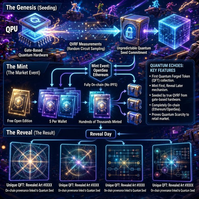 An infographic explaining the Quantum Echoes NFT process across three stages: The Genesis (Seeding) with QPU and QVRF measurements, The Mint on OpenSea Ethereum, and The Reveal showing unique QFT revealed artworks linked to Quantum Seed.