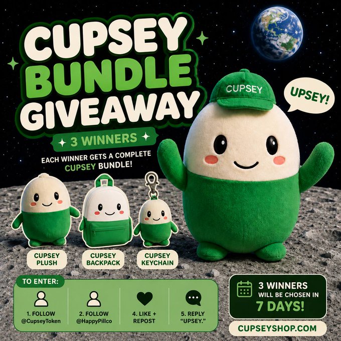 A promotional graphic for a 'CUPSEY BUNDLE GIVEAWAY' featuring a green and white plush character in a space-themed background, listing entry instructions to win 3 winners in 7 days.