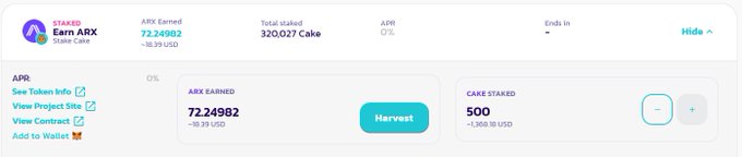 A screenshot of a cryptocurrency dashboard for 'STAKEX' showing 'ARB Earned' at 72.24982 and 'Cake Staked' at 500, with a 'Harvest' button.