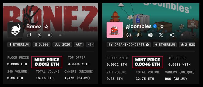 Side-by-side NFT marketplace comparison showing two collections: 'Bonez' on Ethereum with 6,000 supply and a mint price of 0.0013 ETH, and 'gloombies' by OrganikConcepts with 2,530 supply and a mint price of 0.0046 ETH.