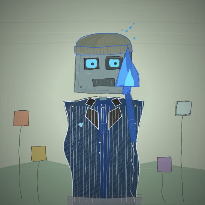 A stylized, hand-drawn illustration of a robot character with blue eyes and a striped beanie, wearing a dark pinstripe suit and blue tie, standing among simple flower drawings.