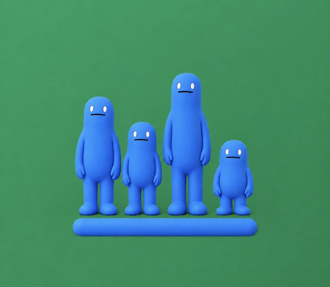 A 3D rendering of four blue, blob-like characters with simple, neutral facial expressions standing on a small platform against a green background.