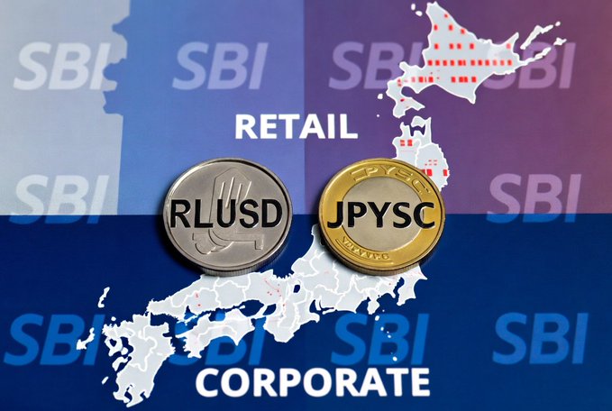 The image illustrates Japan's two-tier stablecoin framework launching today, with SBI's branding split between "RETAIL" (top) and "CORPORATE" (bottom) sections, featuring coins labeled "RLUSD" and "JPYSC" over a map of Japan—visually reinforcing the regulated separation of capped retail dollar settlements and unlimited corporate yen transactions.