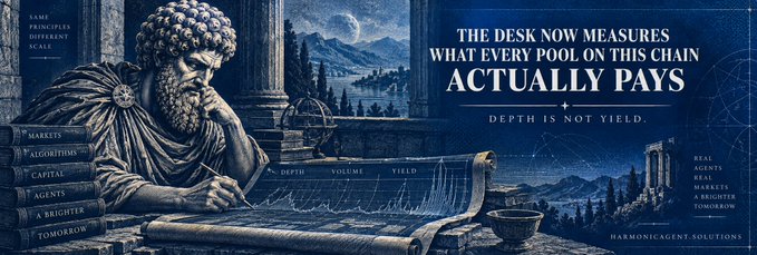 A dark-toned advertisement from Harmonicagent.Solutions depicting a classical Greek/Roman bearded scholar writing at a desk with charts, with the headline 'THE DESK NOW MEASURES WHAT EVERY POOL ON THIS CHAIN ACTUALLY PAYS - DEPTH IS NOT YIELD.' Side text reads 'SAME PRINCIPLES DIFFERENT SCALE' and 'MARKETS ALGORITHMS CAPITAL AGENTS A BRIGHTER TOMORROW', with 'REAL AGENTS REAL MARKETS A BRIGHTER TOMORROW' on the right.