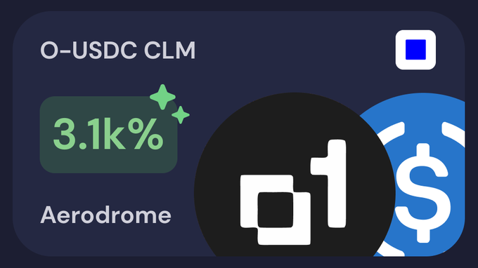 A digital card showing '0-USDC CLM' on Aerodrome with a 3.1k% yield displayed in green, featuring logos for Aerodrome (01) and USDC.