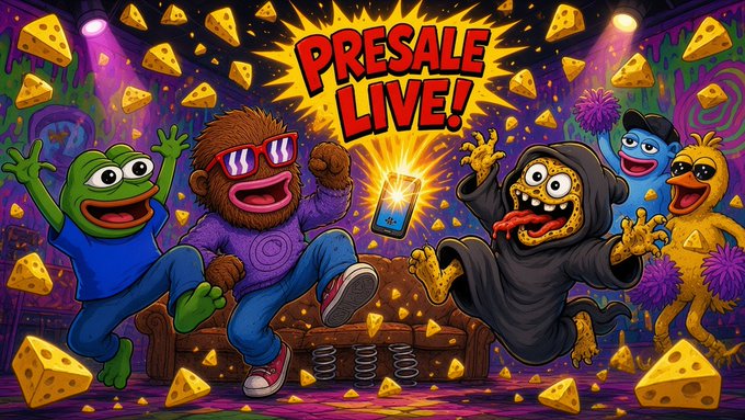A vibrant, cartoonish crypto meme illustration featuring colorful characters—including one in a fur hat and sunglasses—cheerfully bouncing on a couch amid floating cheese wedges, with the bold red text "PRESALE LIVE!" exploding above them, perfectly capturing the chaotic excitement of the CheeseHead presale going live.