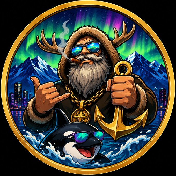 A circular emblem features a rugged, sunglasses-wearing mountain man with antlers, a gold chain, and a nautical anchor, accompanied by a cool orca sporting shades—all set against a backdrop of snowy peaks, an aurora-lit sky, and a city skyline. The caption ties this bold, unapologetic mascot imagery to the Spirit of Anchorage ($SOA) launch, symbolizing the project's resilient, no-compromise community spirit rising from the failed Anchorage peace deal.