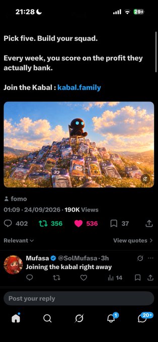 A mobile screenshot of a social media feed featuring a promotional post for a game called "Kabal" with the text "Pick five. Build your squad," showing an image of a cute robot on a pile of similar robots.