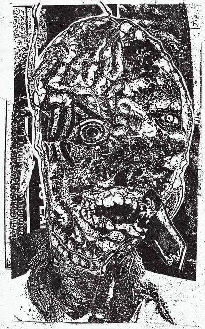 A black and white textured/grungy artwork depicts a distorted, decaying face with deep wrinkles, hollow eyes, and bared teeth in a horror-esque style.