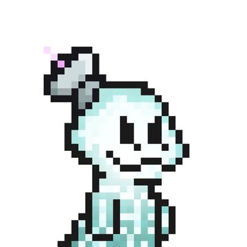 A pixel art illustration of a smiling character with a light blue body wearing a gray wizard hat with a pink star.