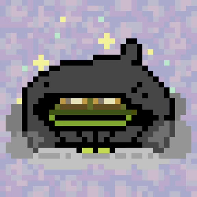 A pixel art illustration of a black ninja-like character with glowing yellow eyes and a green band across its face, set against a pastel pixelated purple and blue background with floating sparkles.
