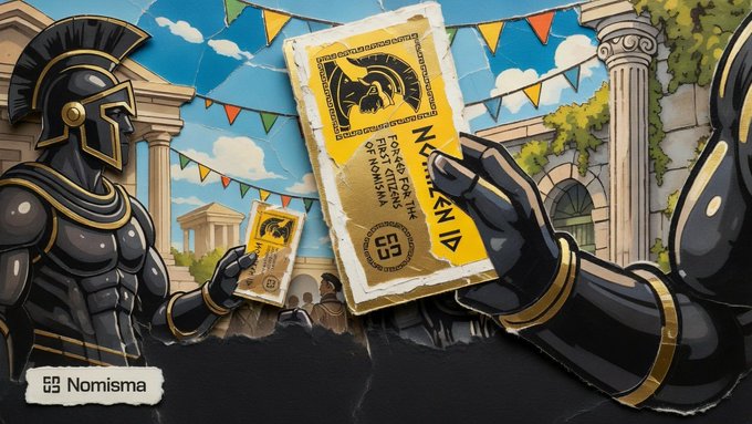A digital artwork depicting armored warriors exchanging torn golden tickets with a horse emblem and text including 'NOMISMA', with a 'Nomisma' logo visible in the bottom left corner.