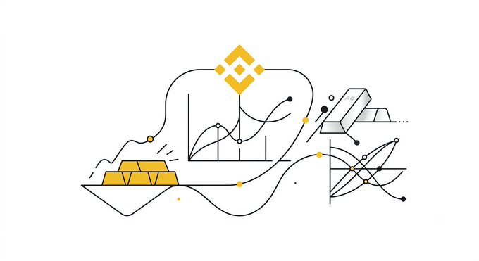 A minimalist line-art illustration in yellow, black, and white featuring a Binance logo, gold bars, and abstract geometric and financial design elements.