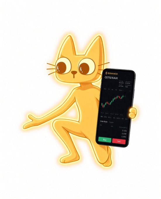 A cartoon orange cat character holds a smartphone displaying the Binance app with the CETS/AUT trading pair and candlestick chart, along with Buy/Sell buttons.