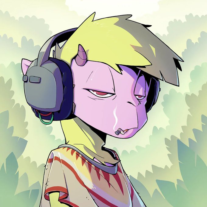 Anime-style digital artwork of a purple-skinned character with blonde hair, headphones, a small horn, and a lip piercing, set against a green cloudy background.