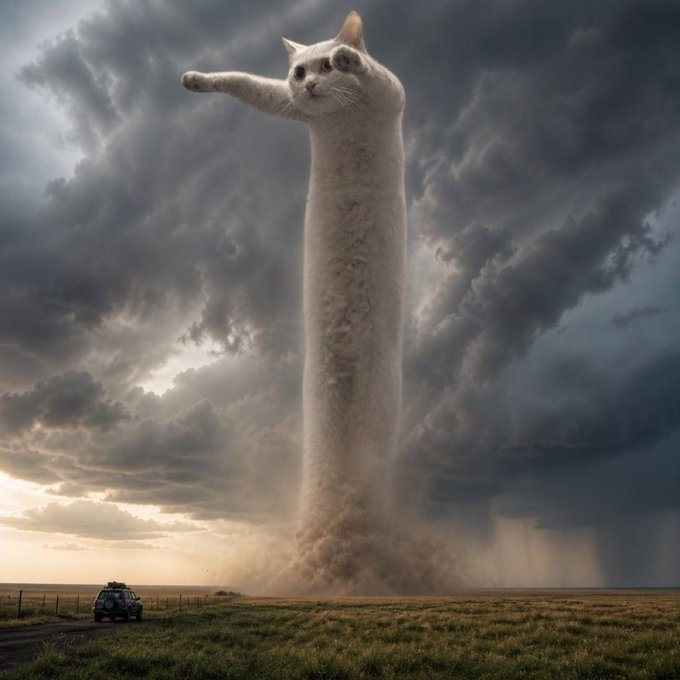 A surreal digital artwork shows a massive white cat stretching upward like a tornado in a dramatic, cloudy sky above a tiny SUV driving across a grassy plain.