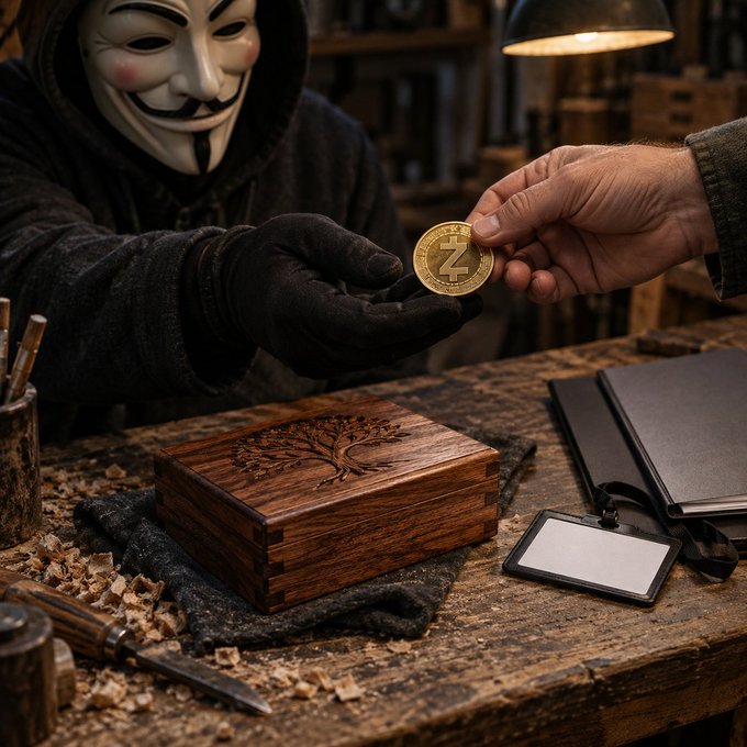A person in a Guy Fawkes mask and black gloves receiving a Zcash (ZEC) gold coin from another person's hand across a wooden workbench with a decorative carved wooden box.