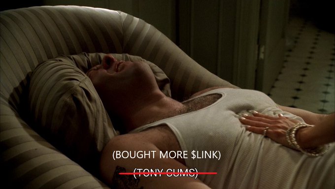 A man lies in bed with a towel wrapped around his head, styled after a famous scene, with text reading '(BOUGHT MORE $LINK)' and a struck-through '(TONY GUMBS)'.