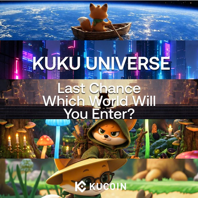 A promotional image for KuCoin's "KuKu Universe" campaign, featuring five vibrant worlds (a fox in a boat above Earth, a neon cyberpunk cityscape, a fiery realm, a mystical mushroom forest, and a cute fox adventurer) with text reading "KUKU UNIVERSE - Last Chance, Which World Will You Enter?" and the KuCoin logo, encouraging traders to trade $100+ in futures for a chance to win an exclusive Kuku postcard and badge before the worlds close.