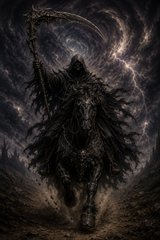 A dark, cloaked figure rides a skeletal horse through a stormy, gothic landscape, wielding a glowing scythe beneath swirling cosmic skies. The haunting, apocalyptic imagery captures the eerie "grim reaper" aesthetic the artists likely referenced in their creative reinterpretation of the rider.