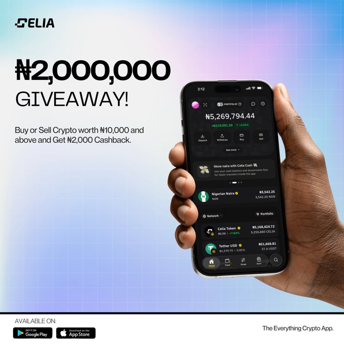 An advertisement for the CELIA crypto app promoting a '₦2,000,000 GIVEAWAY' offering ₦2,000 cashback on crypto transactions of ₦10,000 or more.