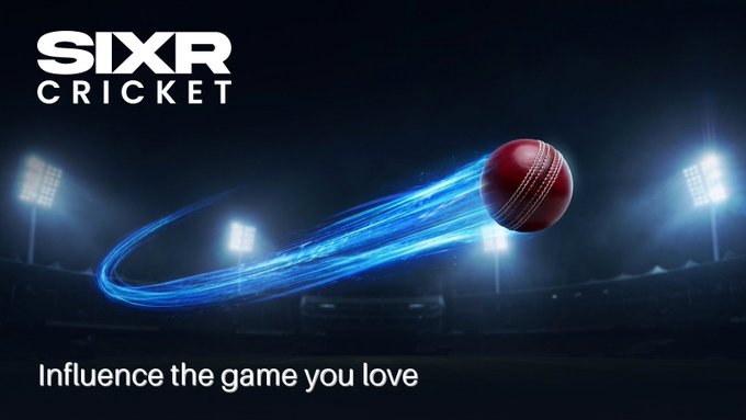 A promotional graphic for 'SIXR CRICKET' featuring a cricket ball trailing blue energy streaks across a stadium with floodlights, and the tagline 'Influence the game you love'.
