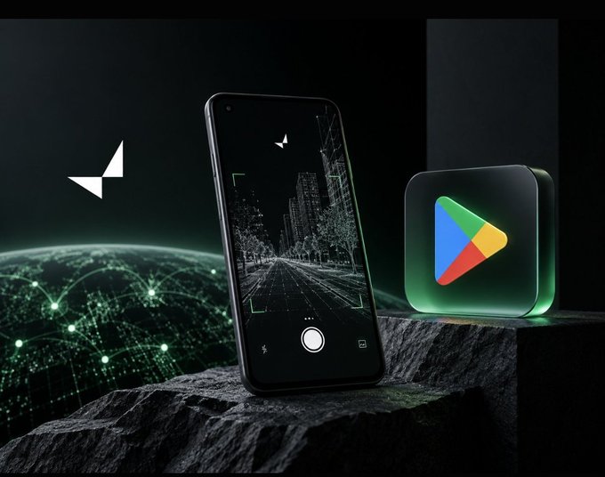 A smartphone displaying a camera viewfinder next to a glowing Google Play logo on a dark surface, with the Immutable X logo on the left.