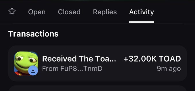 A mobile app screen showing an Activity tab with a transaction: 'Received The Toa... +32.00K TOAD' from FuP8...TnmD, 9 minutes ago, featuring a Pepe the Frog avatar.