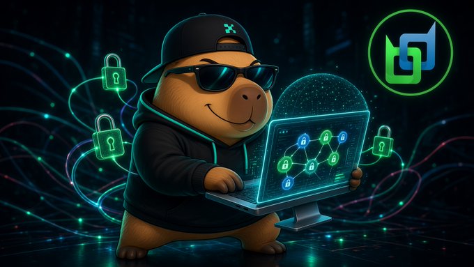 A cartoon capybara wearing sunglasses and a hoodie, holding a laptop with a lock/security interface, surrounded by padlock icons and a logo in the corner.