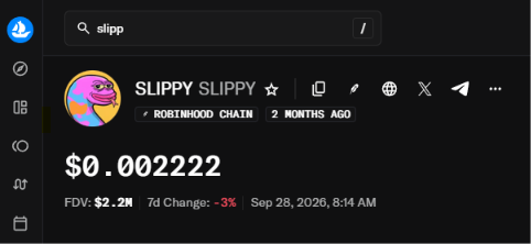 A dark-mode interface shows a cryptocurrency token named 'SLIPPY SLIPPY' with a price of '$0.002222', an FDV of '$2.2M', and a '7d Change: -3%'.
