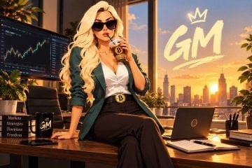 An anime-style illustration of a blonde woman wearing sunglasses and a green blazer sitting on a desk, drinking from a bottle, with a city skyline at sunset behind her and 'GM' stylized text in the corner; a mug and laptop sit on the desk.
