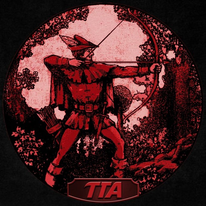 A circular red and black vintage-style illustration of Robin Hood drawing a bow, with a banner at the bottom reading 'TIA' (likely the Tia token logo).