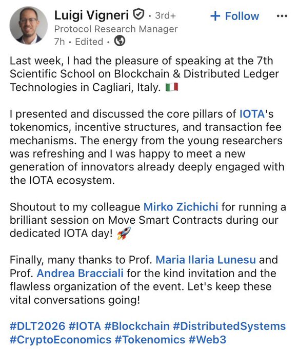 The image shows a screenshot of a social media post from a person named @iota, who has been featured for their work at the Scientific School on Blockchain & Distributed Ledger Technologies in Cagliari. The post includes text that highlights the importance of tokenomics and discusses the research conducted by researchers at the school. The post also mentions a dedicated day to celebrate tokenomics.